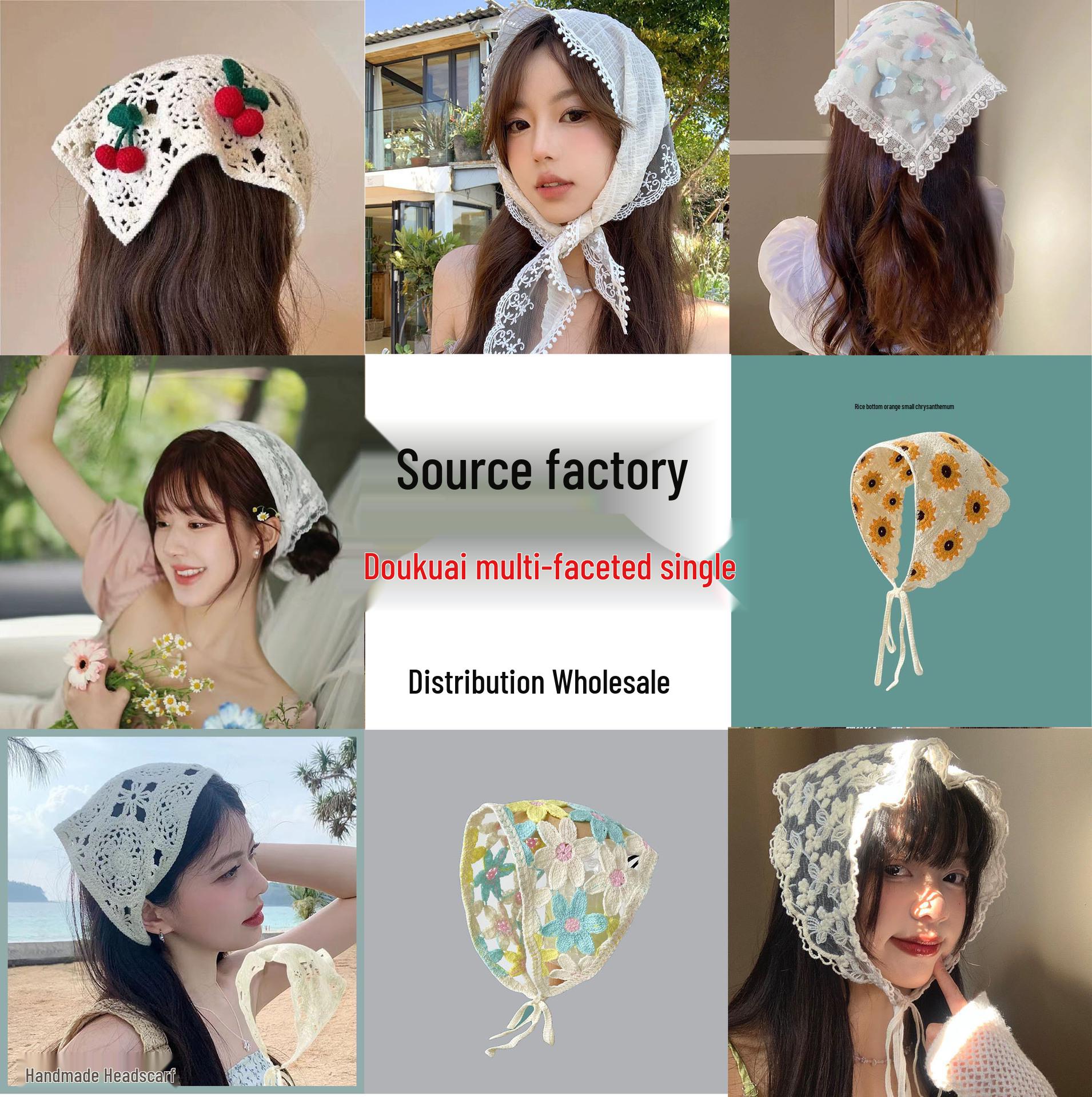 

Women s Pastoral-Style White Lace Triangle Headscarf with Floral Design