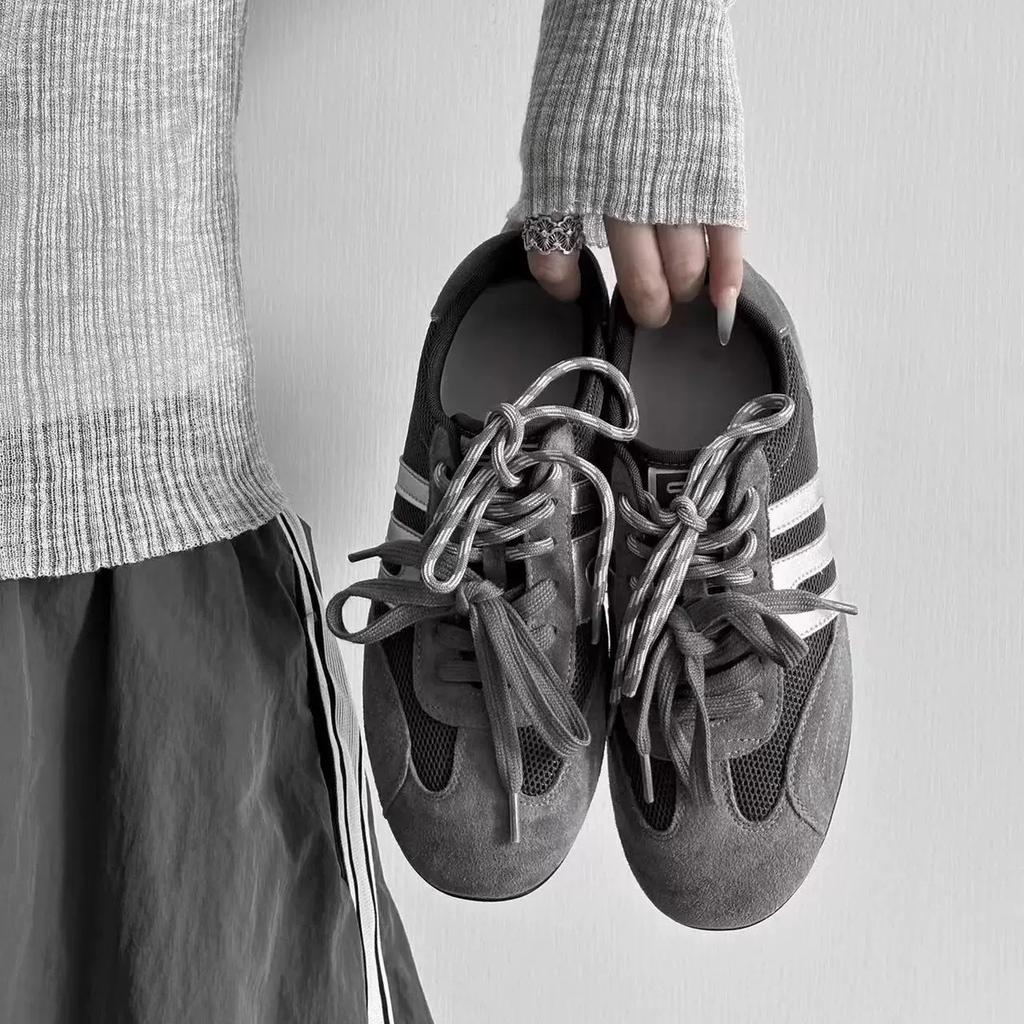 Cow velvet~ gray lace-up casual moral training shoes women's mesh splicing design sports style flat leather Forrest Gump shoes