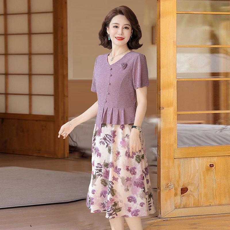 2025 Summer Slimming Short-Sleeve Midi Dress for Middle-Aged & Elderly Women
