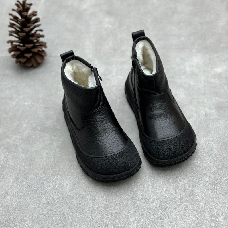 Johnature Handgefertigte Damen-Kurzstiefel aus echtem Leder mit runder Zehenpartie, flachem Boden, verdickt, warm gefüttert mit Wolle, Schneestiefel