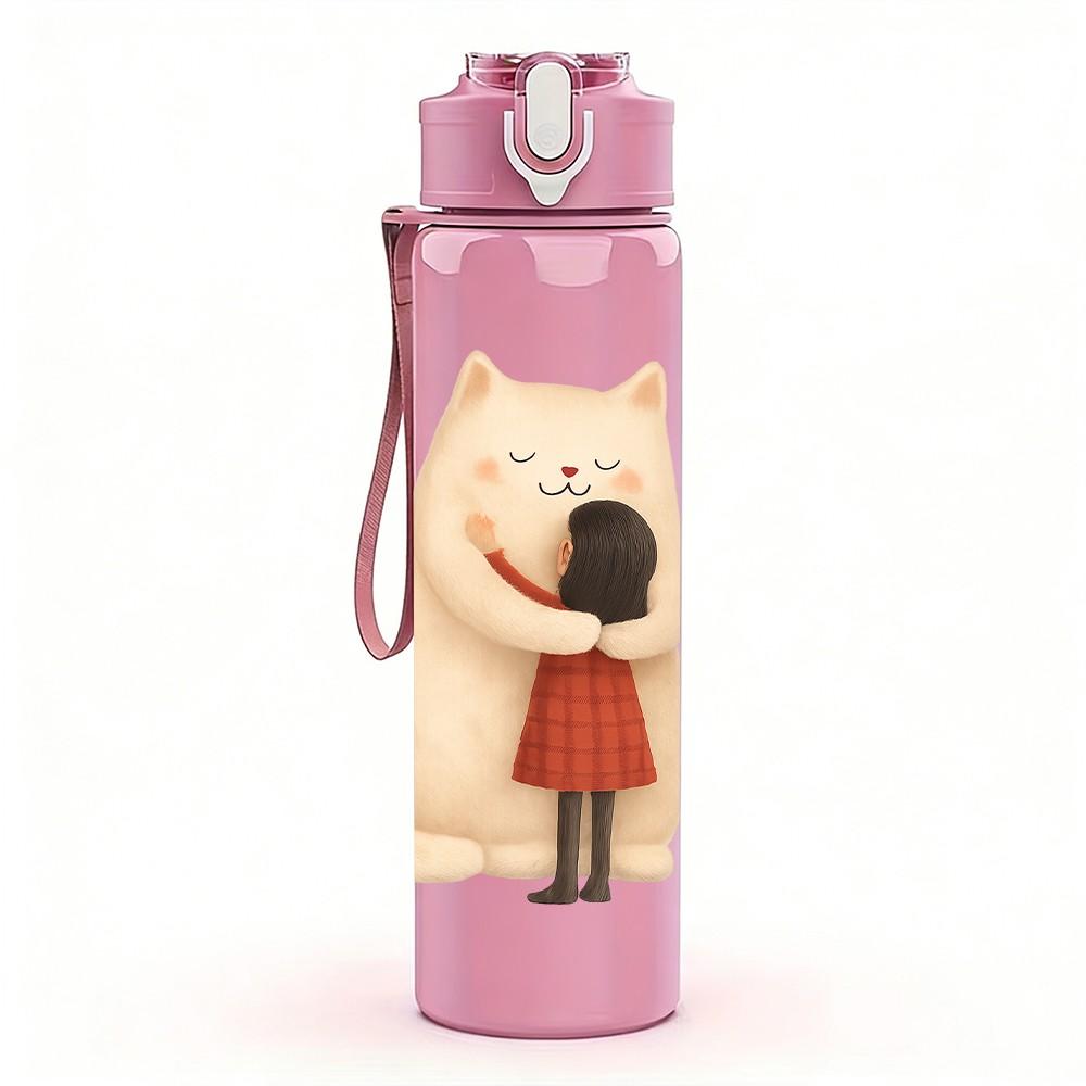 1PC White Cat Hug Doll Cartoon 750ml Color Plastic Sports Water Bottle Leakproof Flip Straw Lid Suitable for Sports Office Home Use