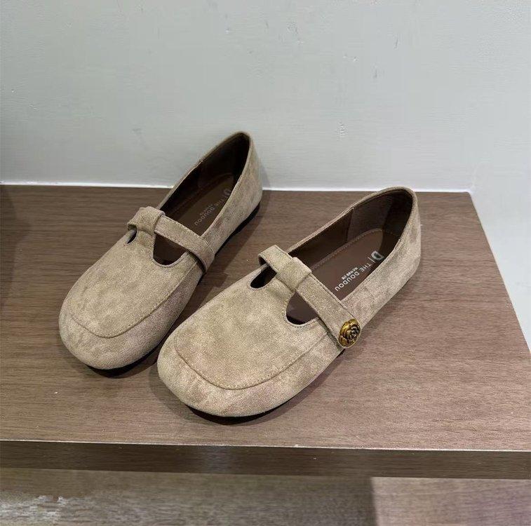 Korean Version of Retro Round Head Flat-bottomed Loafers for Women's 2025 Autumn and Winter New Suede Versatile and Thin Mary Jane Single Shoes F