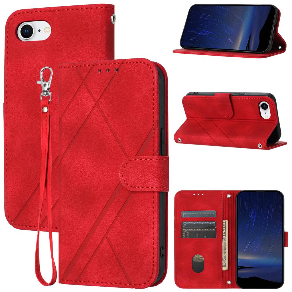 For iPhone 16e Case Imprinted Line Leather Phone Cover with Handy Strap