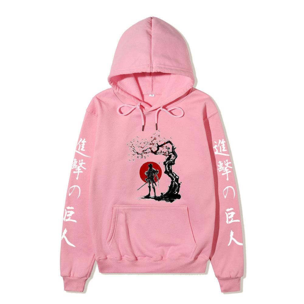 Attack On Titan Samurai Sakura Sun Design Unisex Fleece Hoodie Vertical Japanese Kanji Sleeve Anime Long Sleeve Pullover Sweatshirt