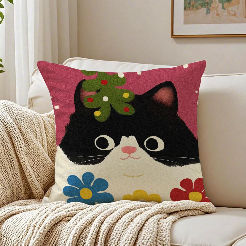 Мультяшный Рождественский Подарок Милый Кот Наволочка Льняная Подушка Мягкая для Дивана Кровати Домашнего Интерьера 30x30cm