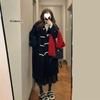 Women's Black Fleece-Lined Wool Coat with Horn Buttons - Korean Style, Petite, Mid-Length