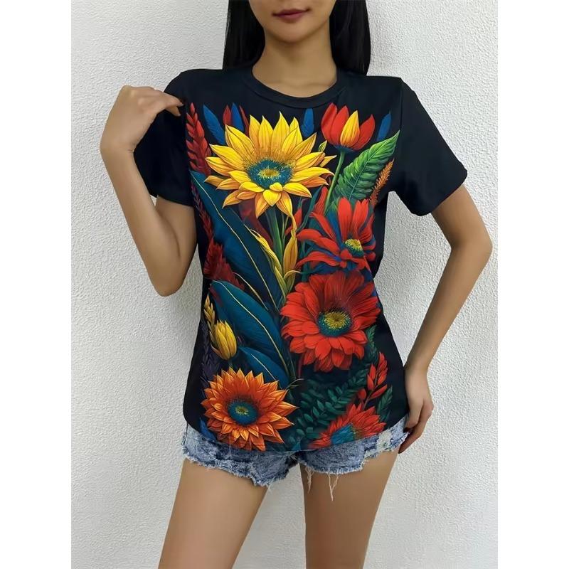 Casual Women's Short Sleeve Tops Colorblocking Floral 3D Print Round Neck Tops Fashion Short Sleeve T Shirt Women's Clothing