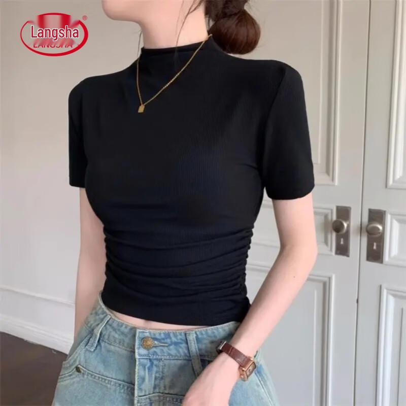 Langsha Women s Slim Fit Half-High Collar Short Sleeve Top L