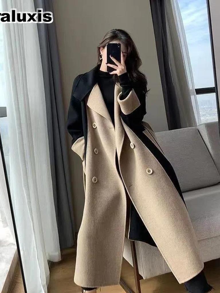 Hepburn Style Wool Coat Women's Long Sleeve Winter New Arrivals High-End Elegant Slim Fit Color Block Overcoat