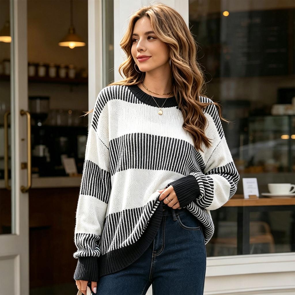 Women's Loose Fit Woven Sweater with Color Block Stripes - Casual Long Sleeve Pullover for Fall Winter