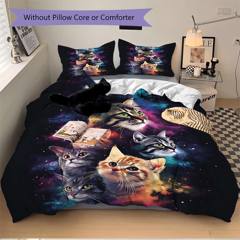 3pcs Galactic Cosmic Cat Print Cover Set Ultra Soft, Breathable, and Comfortable Bedding with Stylish Design for Bedroom and Guest Room Decor 1 C