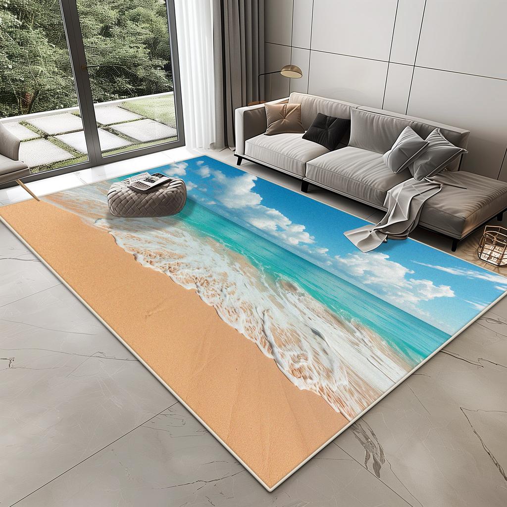 3D Vision Seaside Design Carpet for Living Room Home Decoration Modern Bedroom Rug Lounge Non-slip Washable Plush Floor Mat Soft