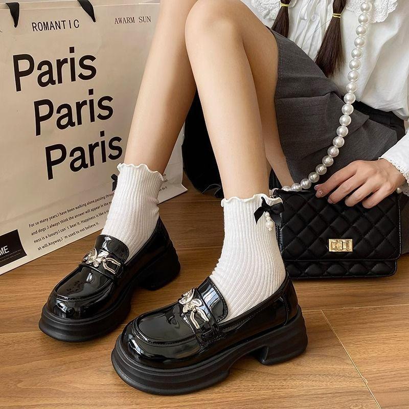 British Retro Small Leather Shoes Women's Thick-soled Shallow-mouth Single Shoes Increase the Height of Versatile College Style Loafers One-pedal