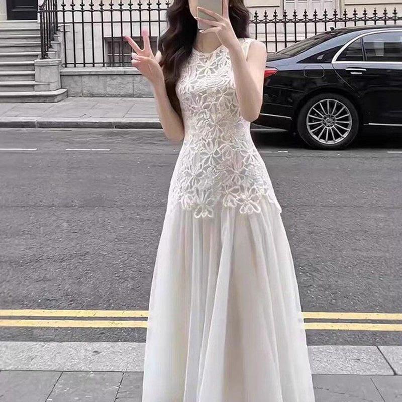 Celebrity daughter design small dress lace mesh splicing waist long dress sleeveless vest dress