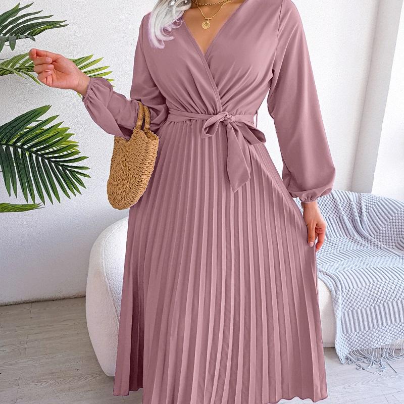 Fashion Soft Comfortable Spring Autumn Women Elegant V Neck Long Sleeve Pleated Maxi Dress Red Blue Casual Green Black Soild Color