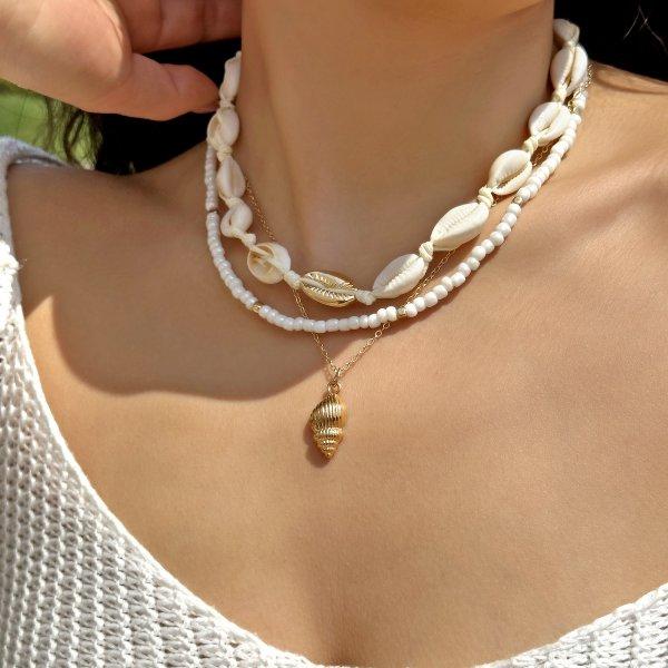 Bohemian Multi-layer Starfish Shell Pendant Necklace for Women Beach Imitation Pearl Metal Beads Choker Neck Chain Party Jewelry