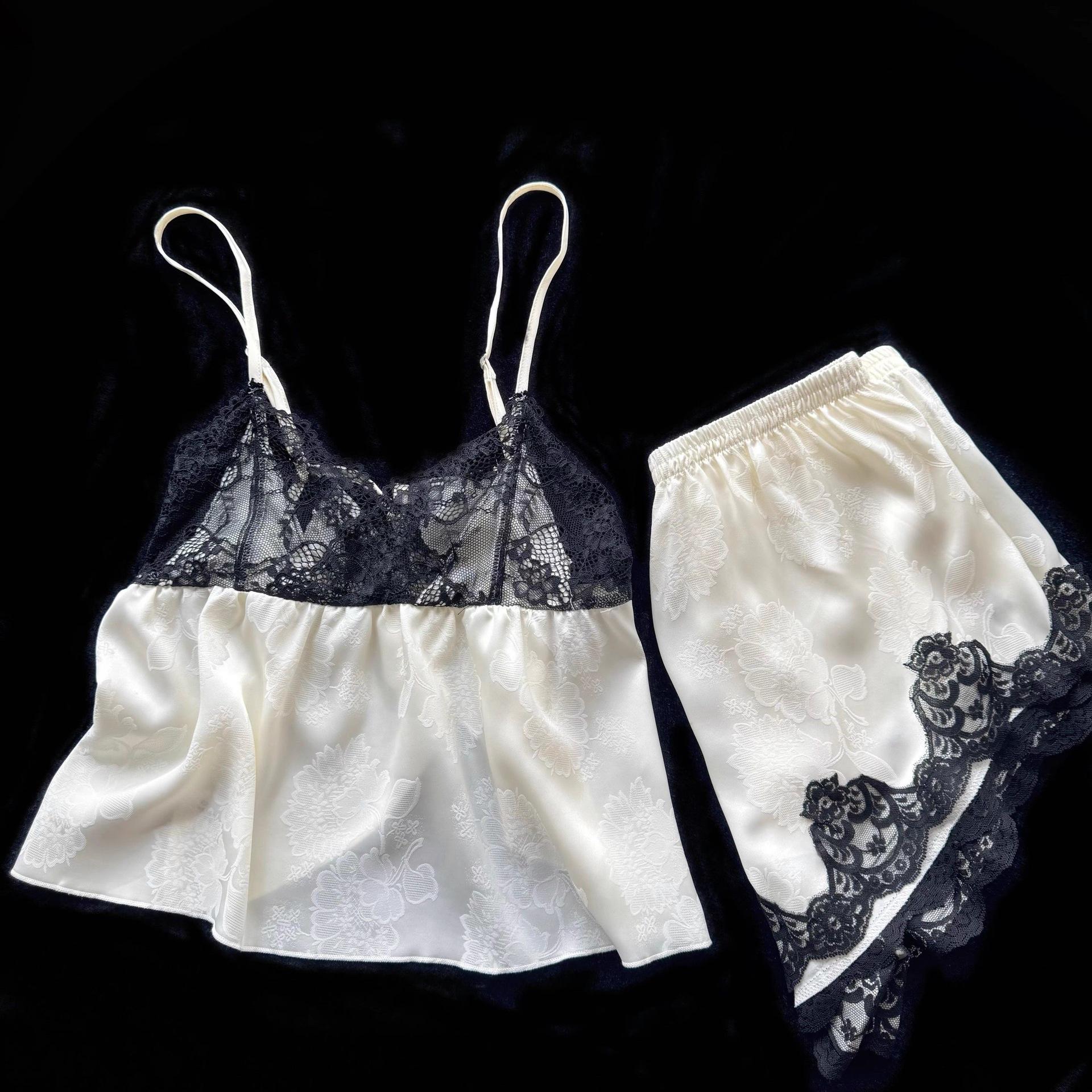 

Женский пижамный комплект из французского ледяного шелка: Атласная кружевная майка, топ с длинным рукавом и брюки для весны и осени M Up to 100 jin