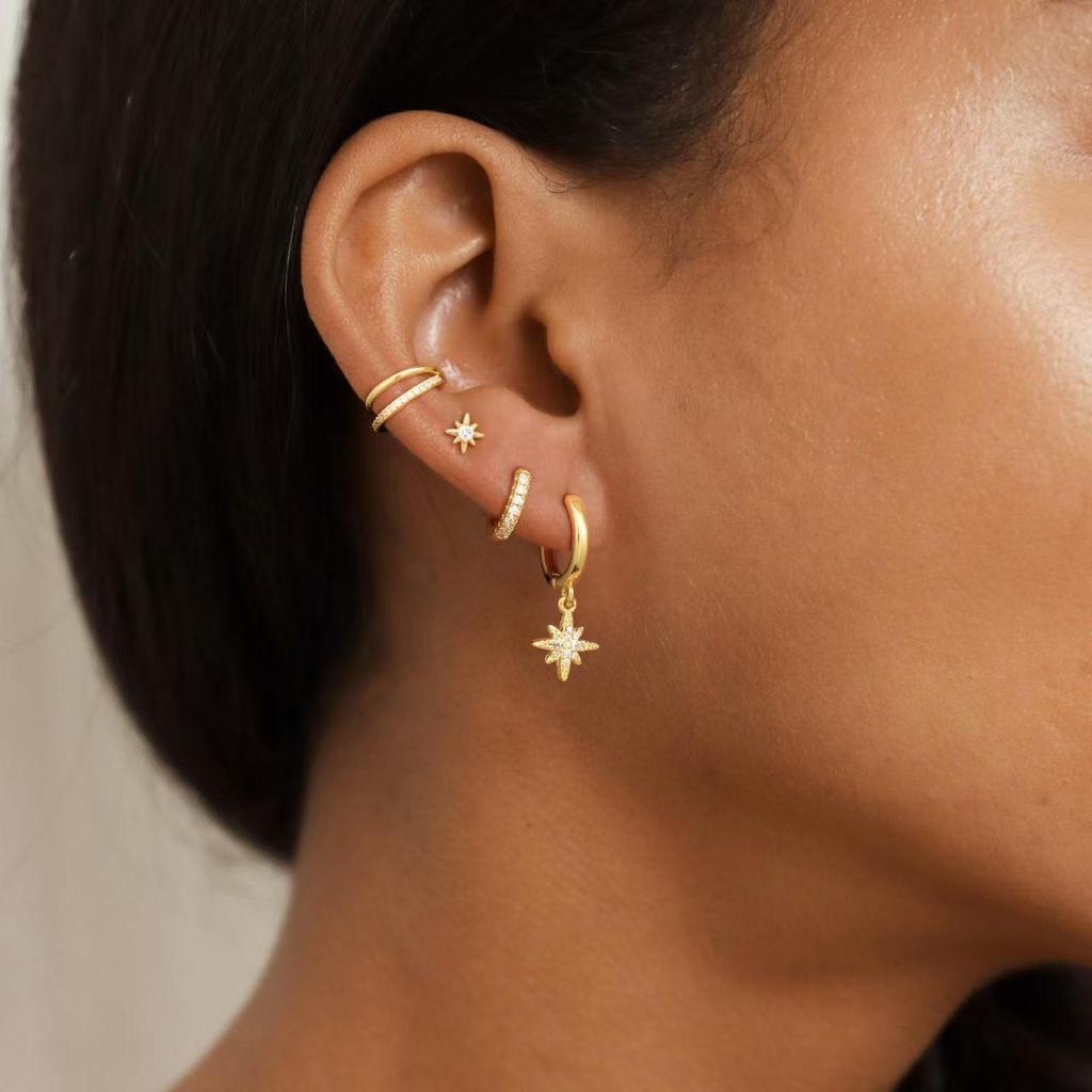 Gold Plated Star & Zircon Circle Earrings for Women - High-End Versatile Design