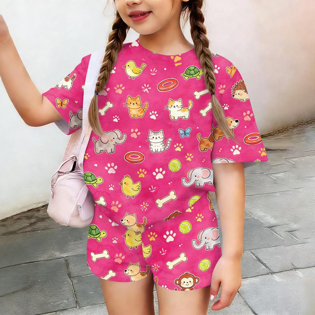 Kids Casual Short Sleeve Top and Shorts Set Animal Print Lightweight Soft Fabric Comfortable Fit Summer Outfit for Boys Girls