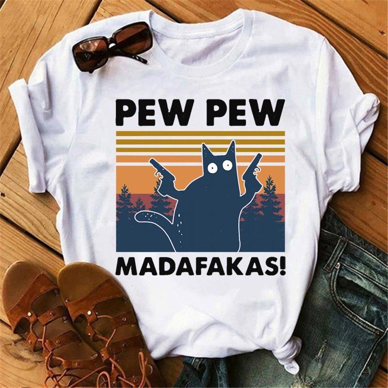 New Pew Pew Madafakas T Shirt Novelty Funny Cat Vintage Crew Neck Men'S T-Shirt Funny Shirt