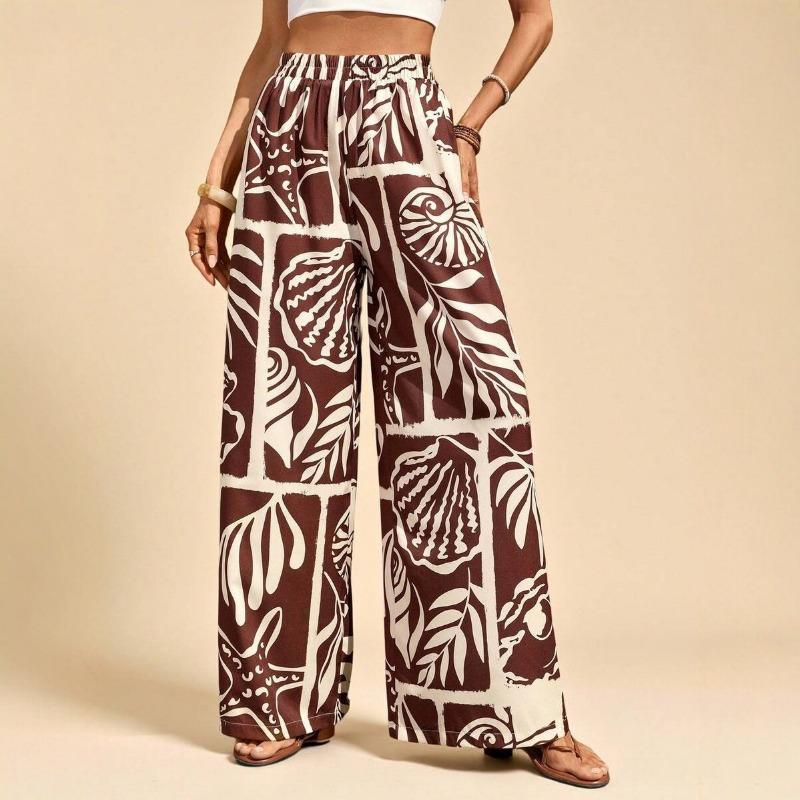 Women S High Waisted Printed Wide Leg Pants Loose Casual Long Trousers Beach Vacation Style