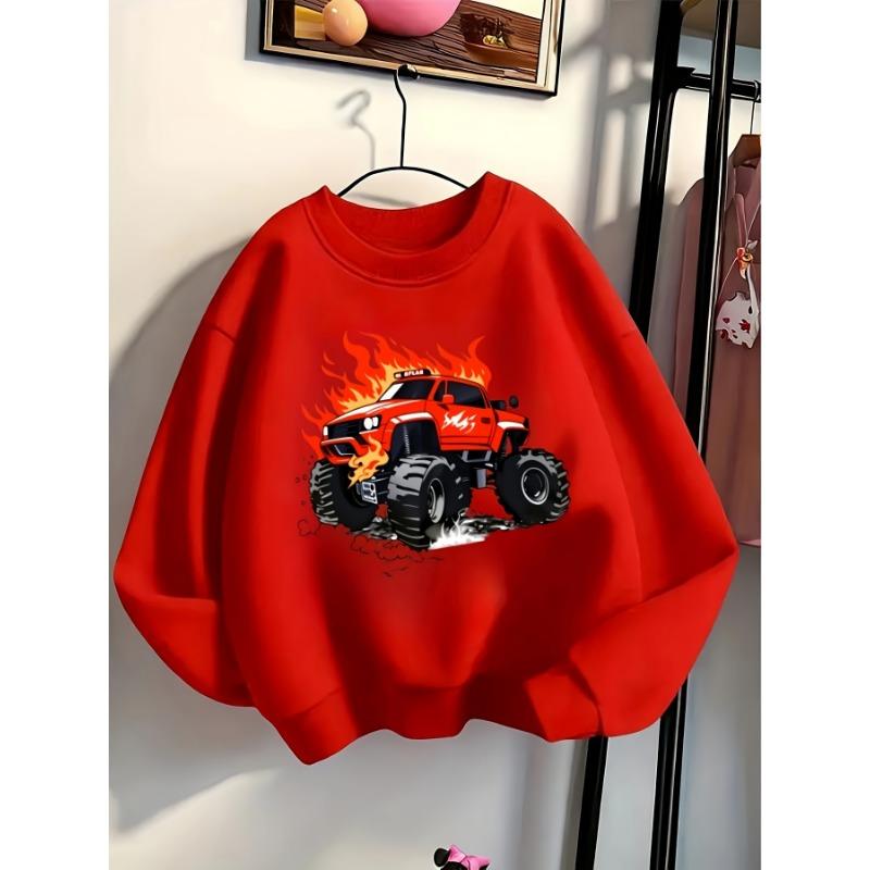 European sizes Trendy Crewneck Sweatshirt for Girls Featuring Flaming Monster Truck Design. Long-Sleeved Top, Casual Style Suitable for Young Girls.