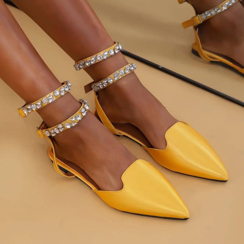 Fashion Rhinestone Ankle Strap Flat Heel Sandals Women Sexy Pointed Toe Gladiator Sandls Woman 2025 Summer Buckle Party Shoes Plus Size