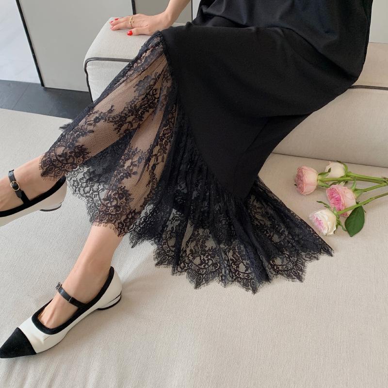 Dámské tričko s volným prošíváním a krajkou, černé šaty pro větší velikosti