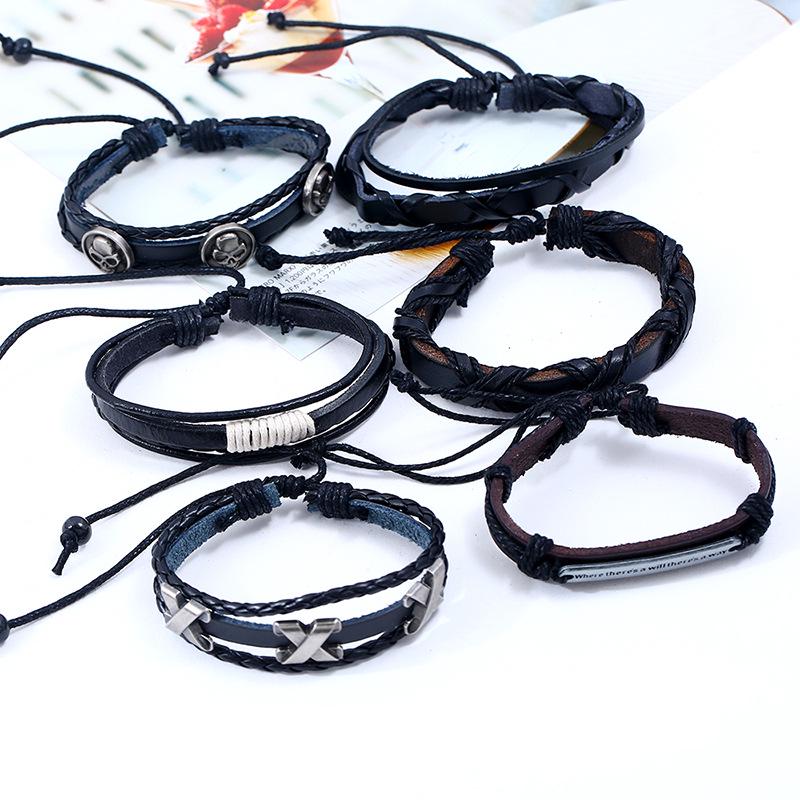 Handmade Metal Letter Cross Skull Bracelets Sets Multilayer Leather Bracelet for Men Women
