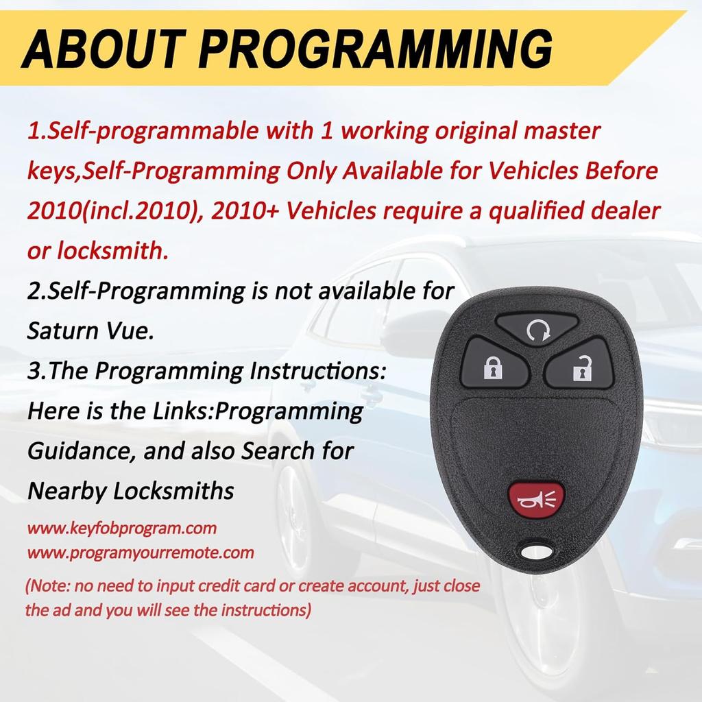 Key Fob Keyless Entry Remote Compatible with Chevrolet Silverado Traverse Avalanche, GMC Sierra, Pontiac Torrent, Saturn Outlook Vue 2007-2017,