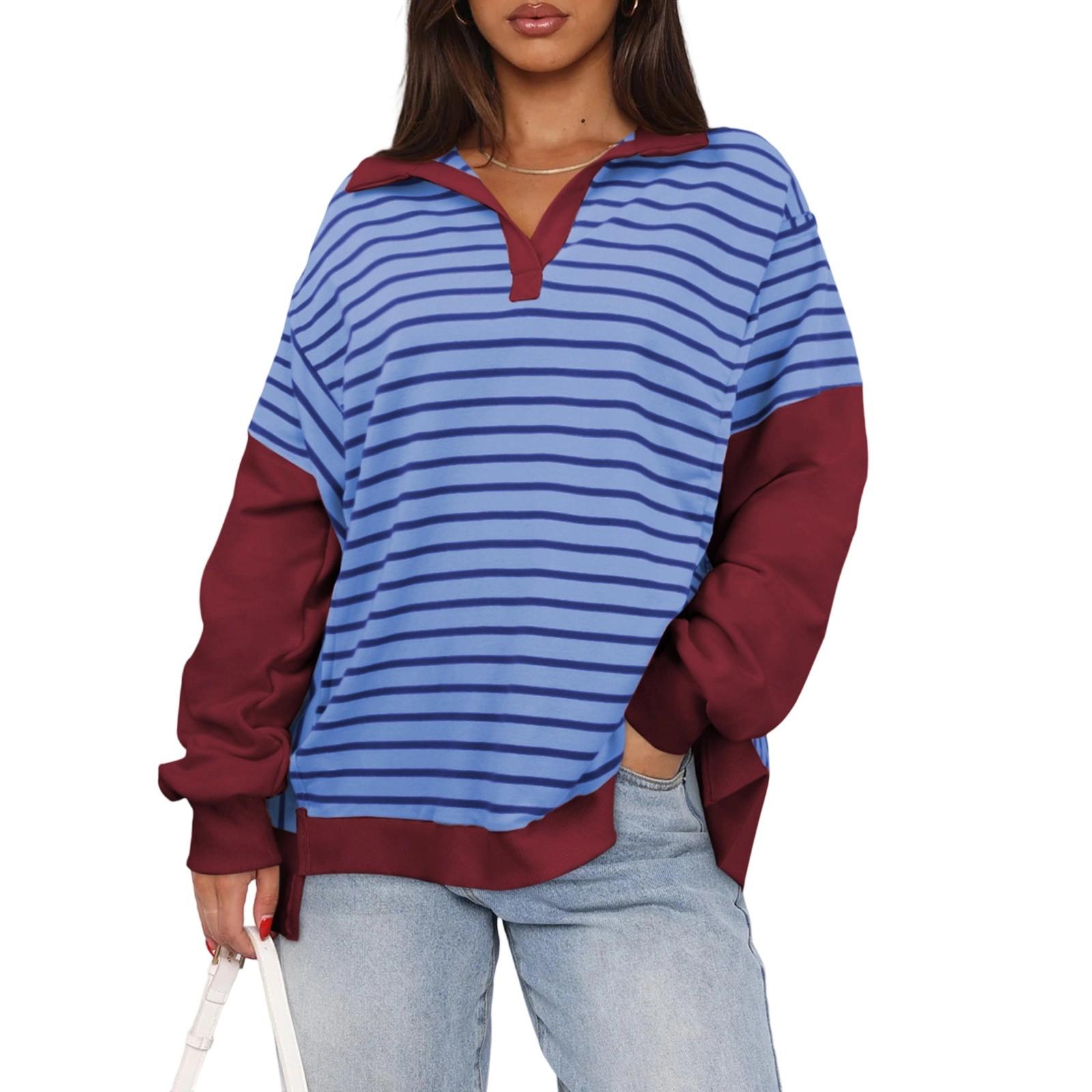 

Женская спортивная рубашка в полоску большого размера с длинными рукавами и круглым вырезом, повседневная свободная рубашка-пуловер, топ L винный