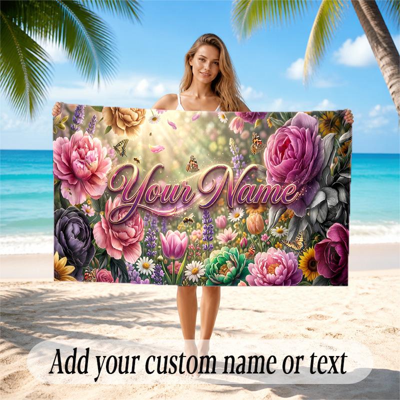 Floral Garden Theme Quick Dry Beach Towel Custom Name Text Print Large Sand Resistant Towel Beach Vacation