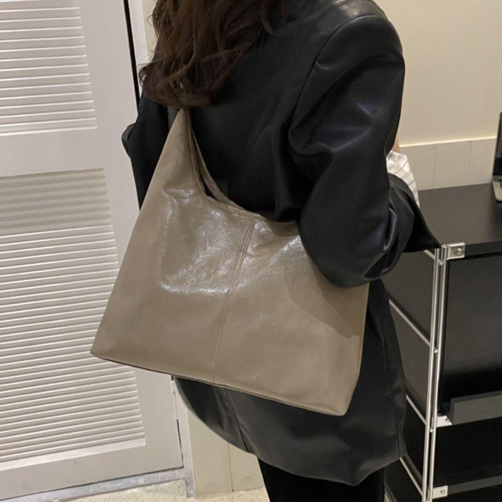 Solid Color Commuting Shoulder Bag Large Capacity Vintage Underarm Bag Soft Leather Tote Bag Women