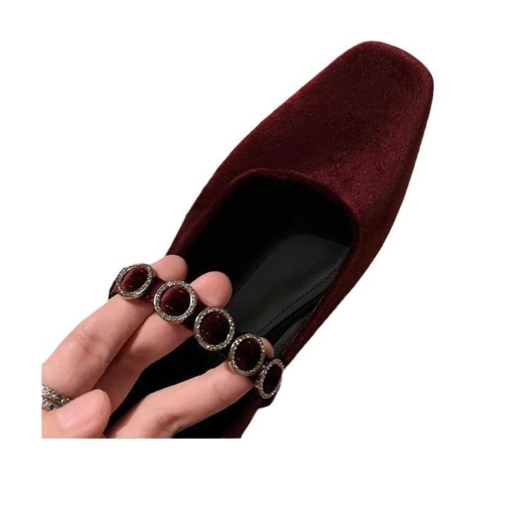 Sheepskin Version~ French Square Head Shallow Mouth Temperament Rhinestone Word with Mary Jane Shoes Women's Suede Low Heel Flat Sole Single Shoes