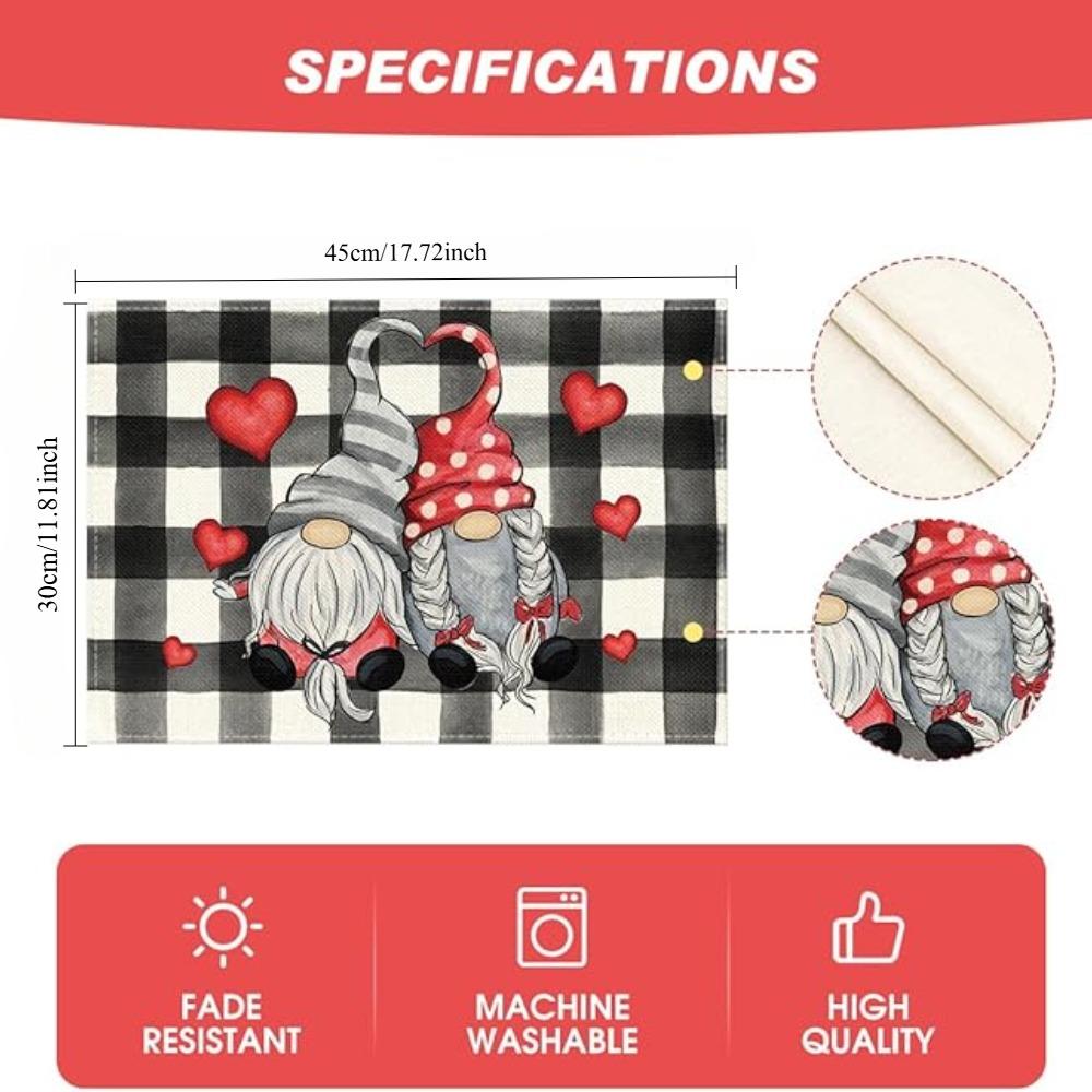 Hearts Gnomes Love Buffalo Plaid Valentine's Day Placemats Anniversary Wedding Holiday Table Mats for Party Kitchen Dining Decoration