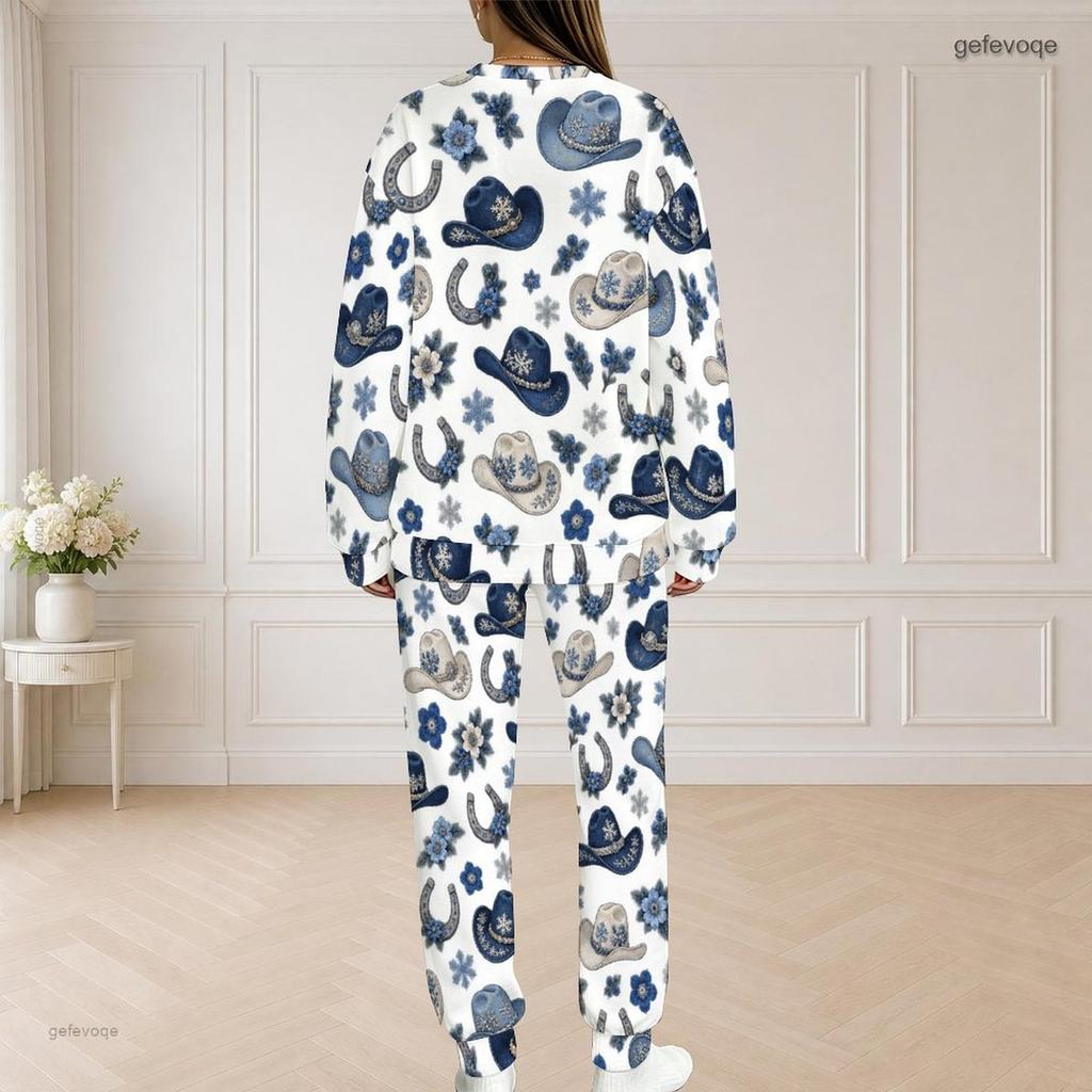 Women Plus Size Round Neck Long Sleeve Top And Long Pants Printed Two Piece Set