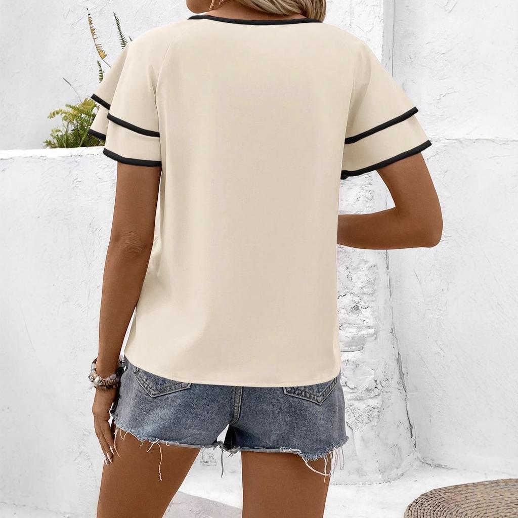 New European and American, elegant temperament lotus leaf sleeves solid color loose round neck short-sleeved women's top