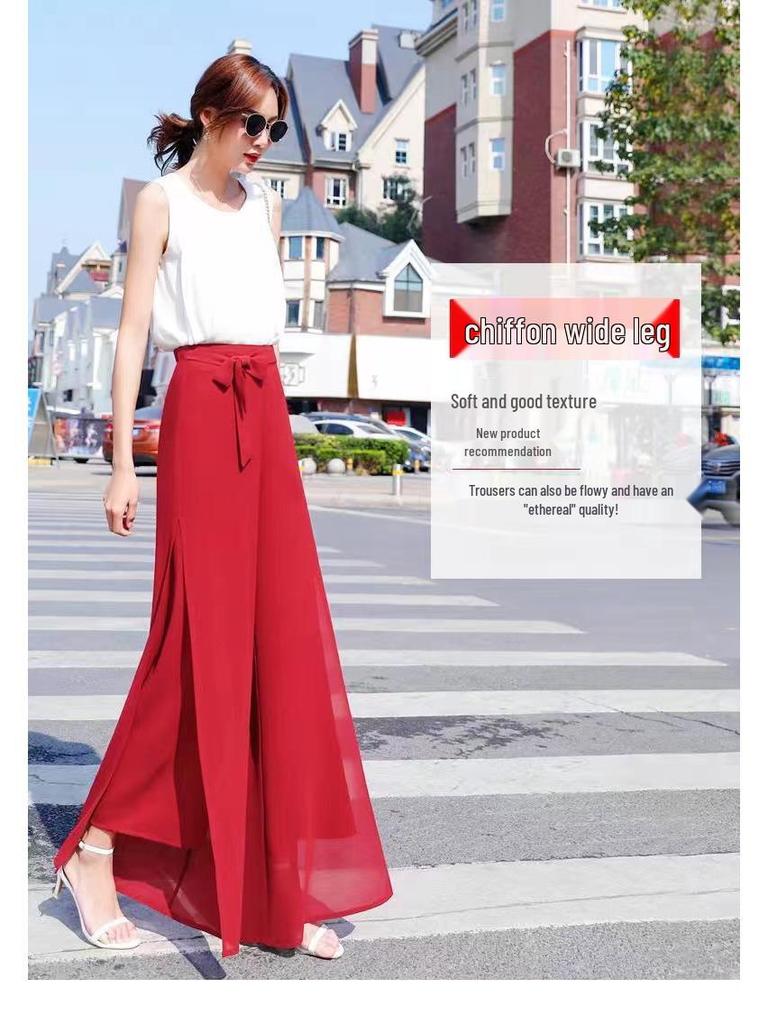 Women's High-Waist Chiffon Wide-Leg Summer Pants with Slit