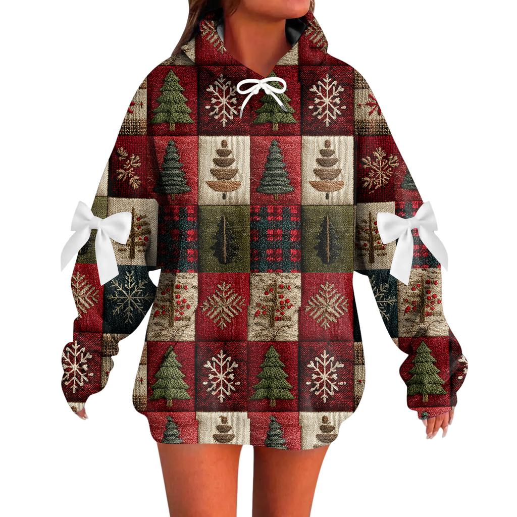Ladies' Christmas Printed Bow Long Sleeved Loose Fitting Headband With Rope Hooded Sweatshirt Top