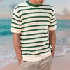 Summer Vacation Style Men's Knit Sweater with Round Neck, Short Sleeves, Stripes, and Color Blocking