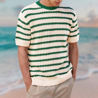 Summer Vacation Style Men's Knit Sweater with Round Neck, Short Sleeves, Stripes, and Color Blocking