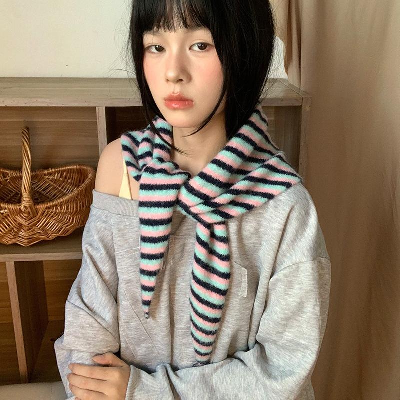 Wool Knitted Triangular Scarf Stripe Multicolor Designer Women Winter Warm Headscarf Shawls Neckerchief Hijab Pashmina Wrap