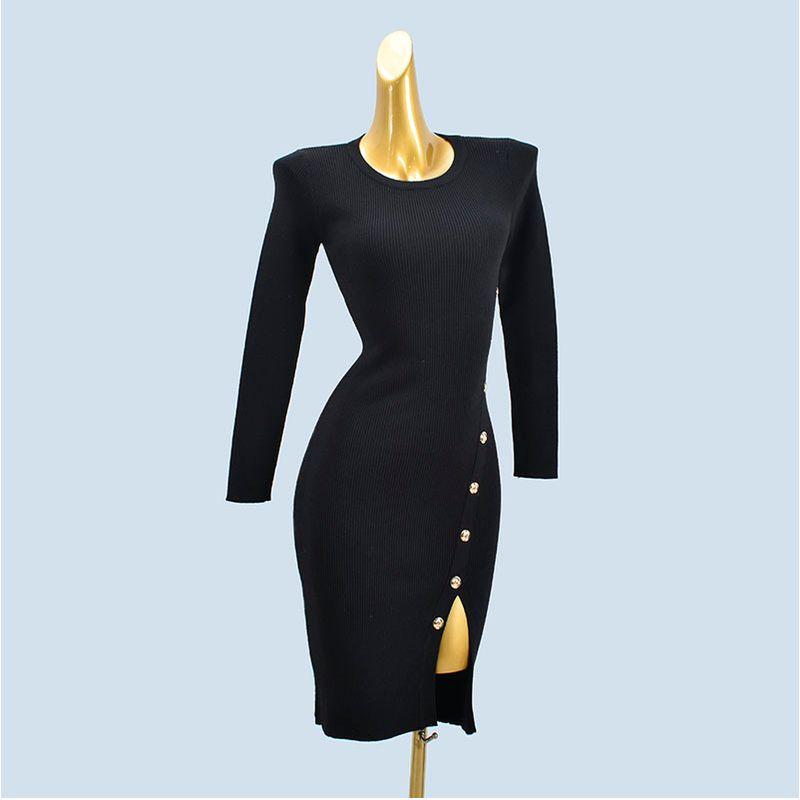 

Export Single round Neck Long Sleeves Silm Package Hip Bifurcated Rivet Buckle Dress Export Quality Soft Glutinous Elastic Knitting Sweater Black All yards