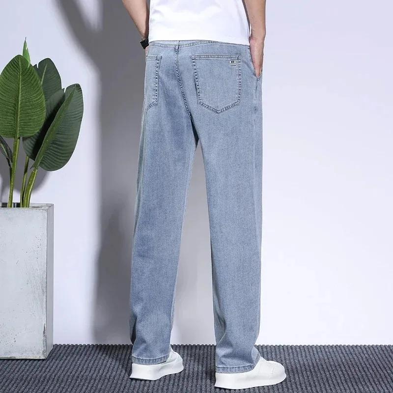 Sommer Herrenjeans aus weichem Lyocell-Stoff, dünne, lockere, gerade Hose mit Kordelzug, elastische Taille, koreanische Freizeithose in Übergröße
