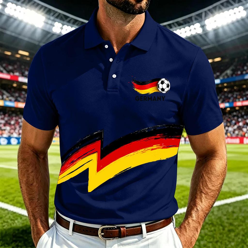 Men's Casual Soccer Print Quick-Dry Polo Shirt Lightweight Mesh Breathable Short Sleeve Top Suitable for Sports and Outdoor Activities