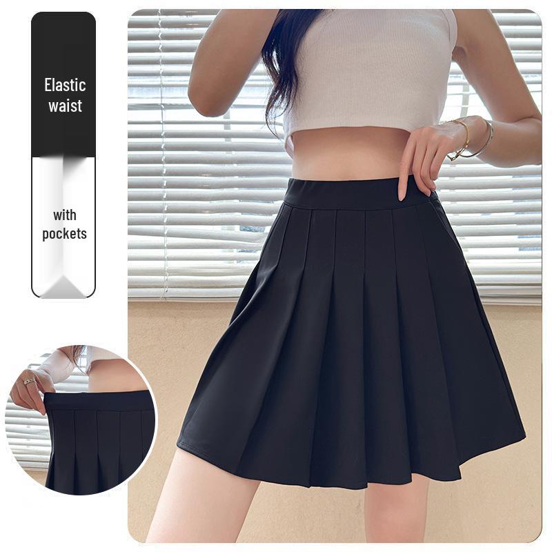 2025 High Waist Black Pleated Midi Skirt for Women - A-Line, College Style, Anti-Exposure, Slimming Fit
