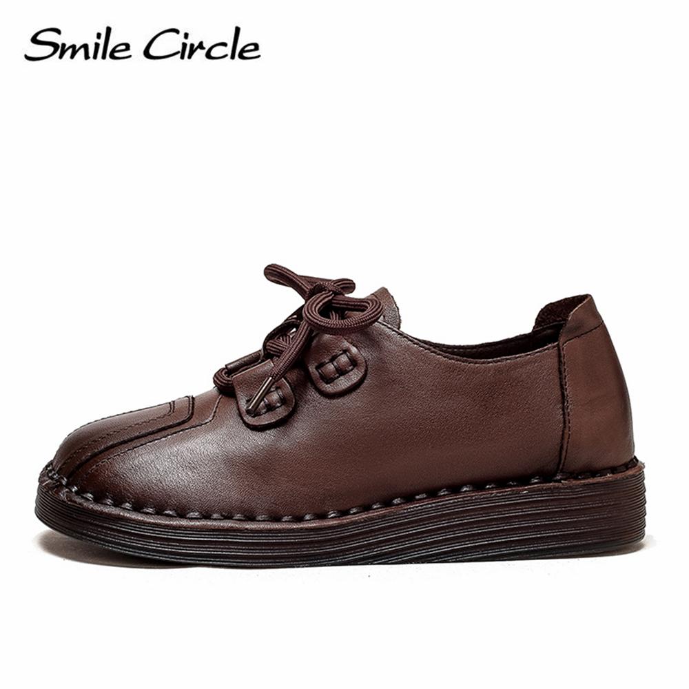 Natural Leather Women's Flat Shoes Lace-up Round Toe Casual Shoes Fashion Retro Work Shoes