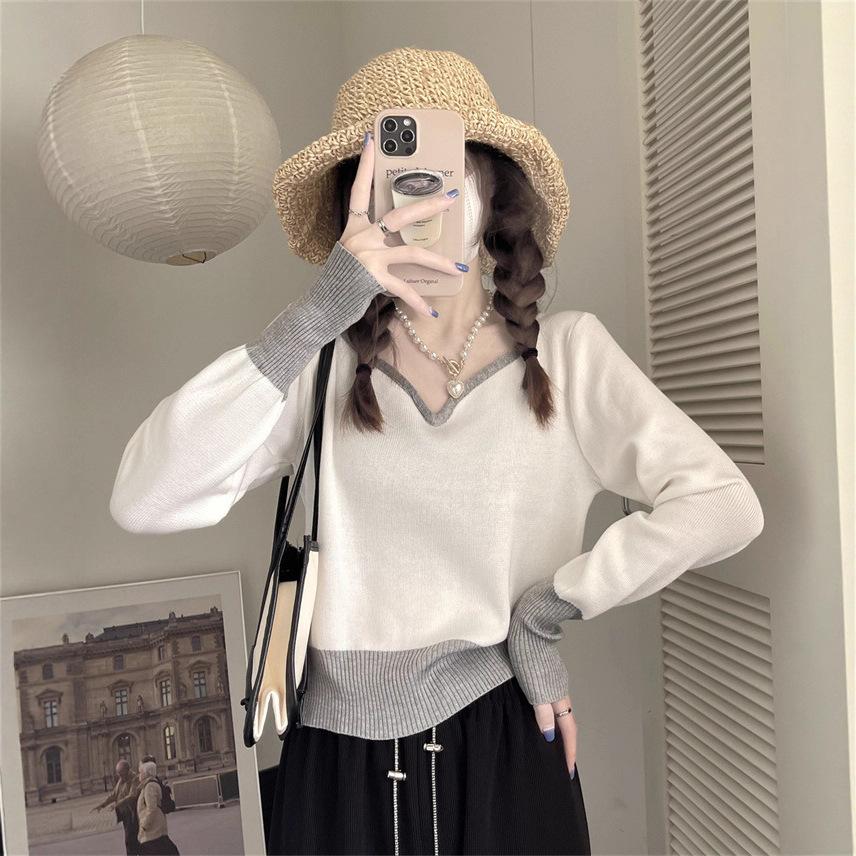 Lazy color matching v-neck knitted sweater women's clothing autumn new versatile explosive sweater winter