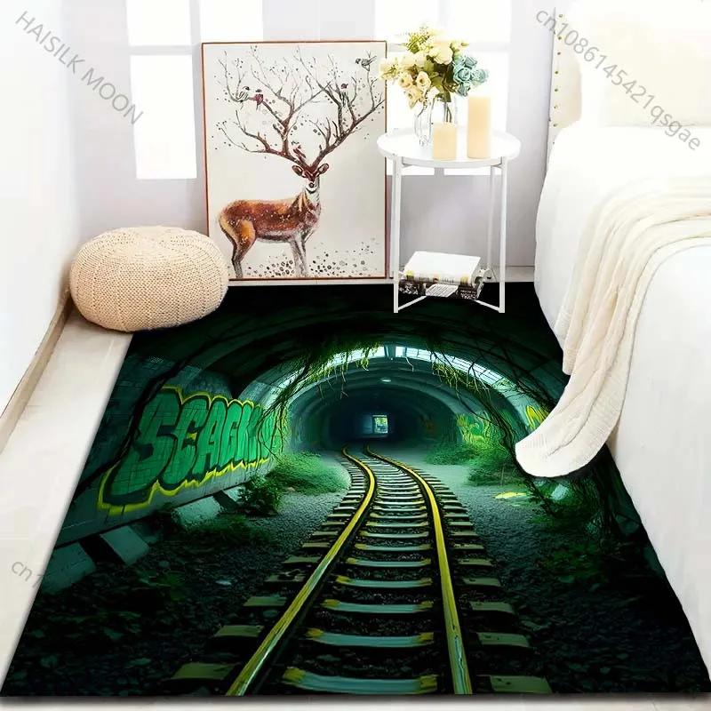 Next Day Shipping Dark Train Tunnel Printed Carpet for Bedroom Living Room Bedside Sofa Floor Mat Modern Home Decor Rug Gifts