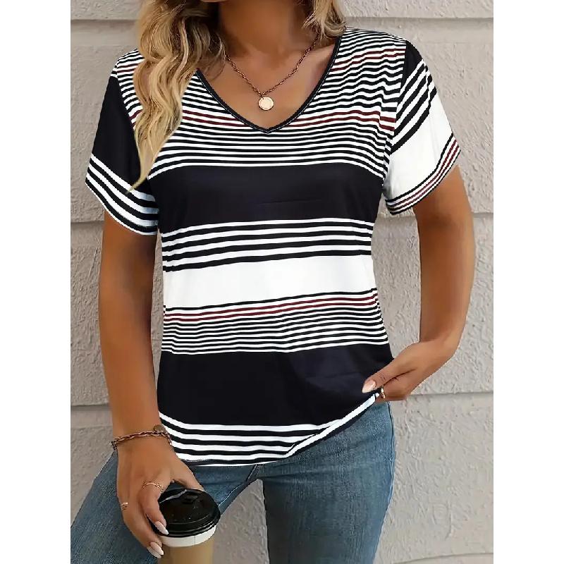2026 New Fashion Women's Casual Versatile Square Pattern Short Sleeve V-Neck T-Shirt